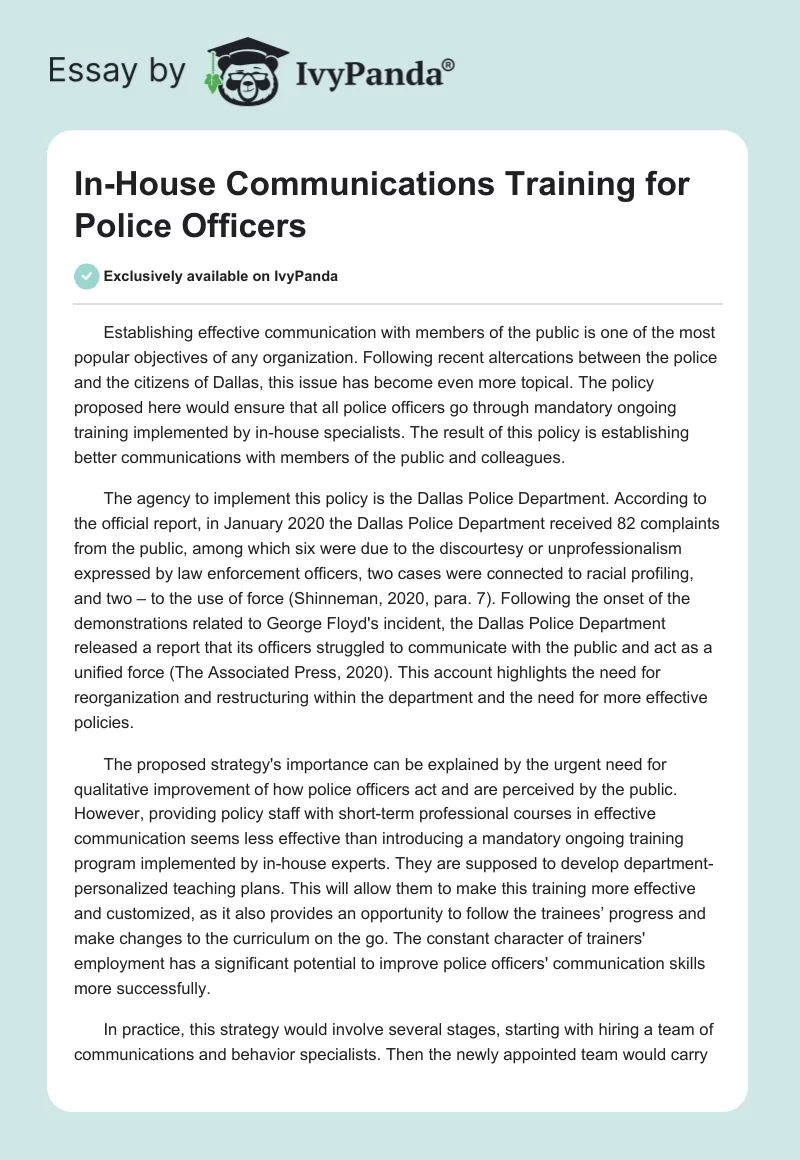 In-House Communications Training for Police Officers. Page 1