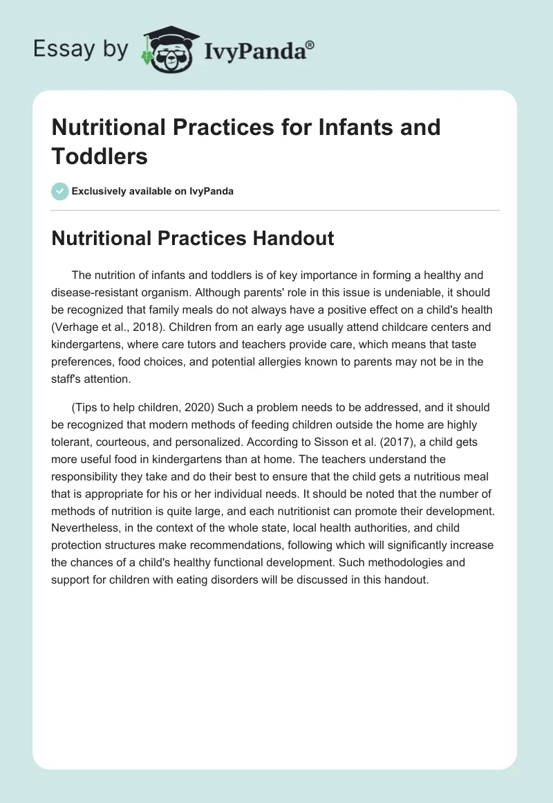 Nutritional Practices for Infants and Toddlers. Page 1