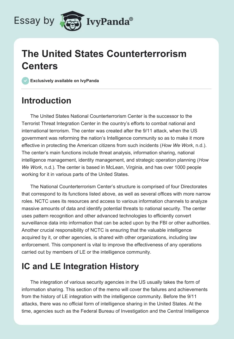 The United States Counterterrorism Centers. Page 1