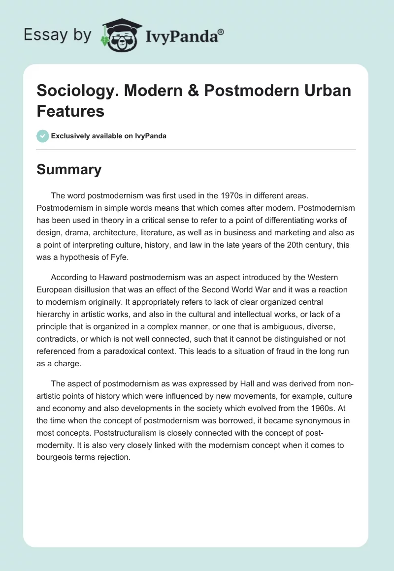 Sociology. "Modern" & "Postmodern" Urban Features. Page 1