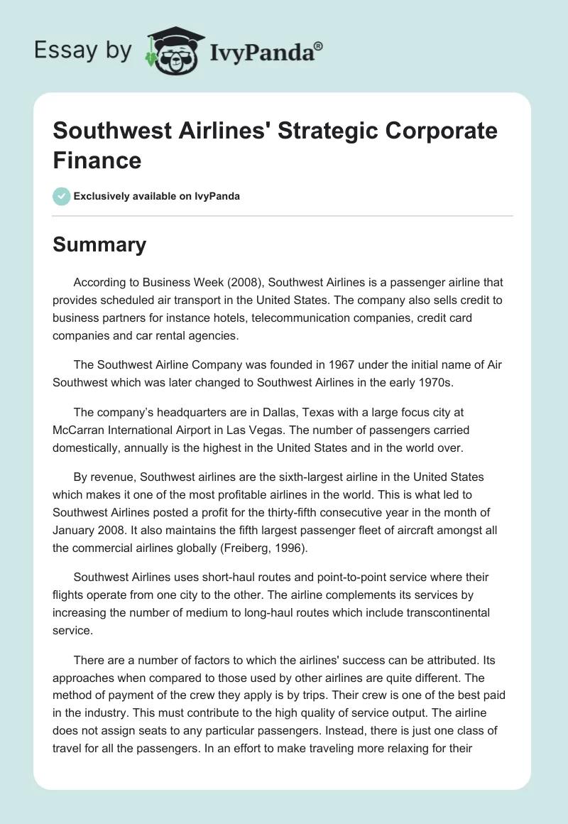 Southwest Airlines' Strategic Corporate Finance. Page 1