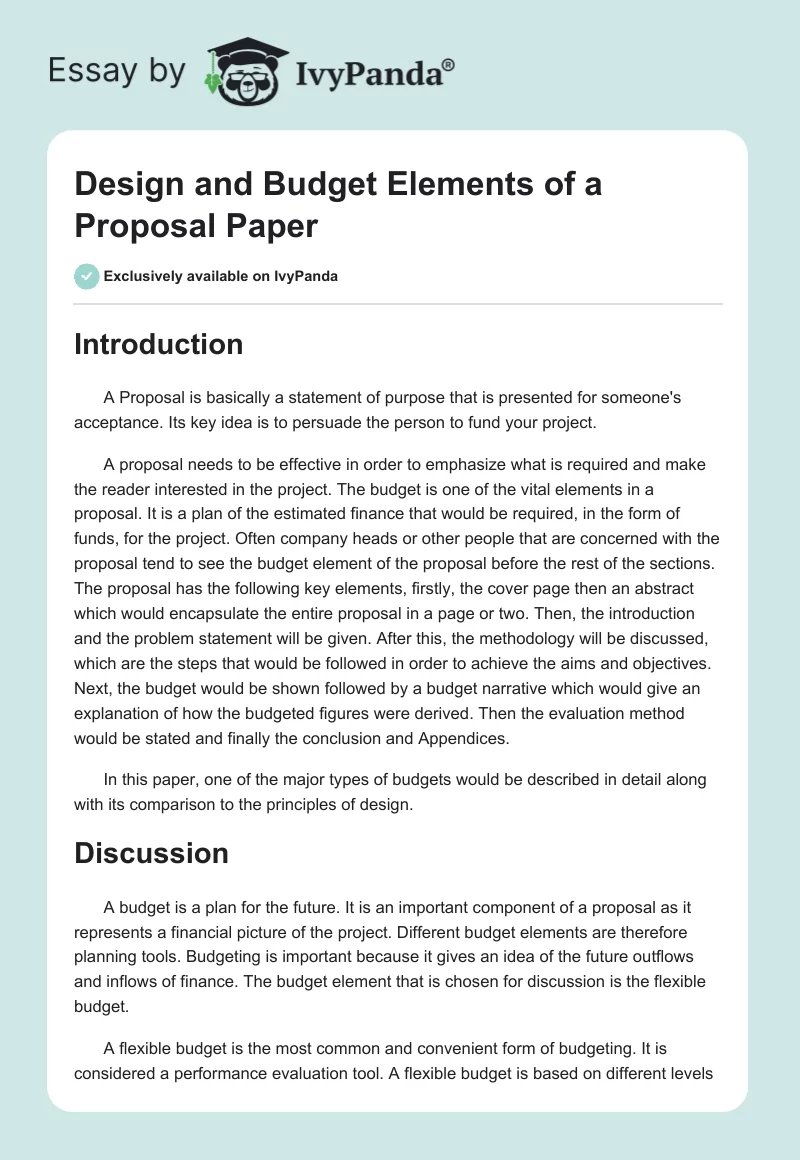 Design and Budget Elements of a Proposal Paper. Page 1