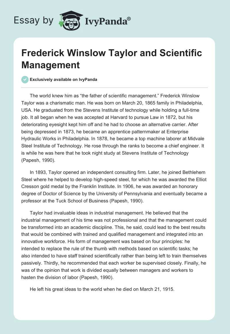 Frederick Winslow Taylor and Scientific Management. Page 1