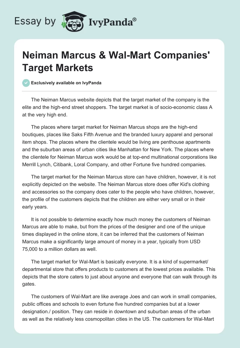 Neiman Marcus & Wal-Mart Companies' Target Markets. Page 1
