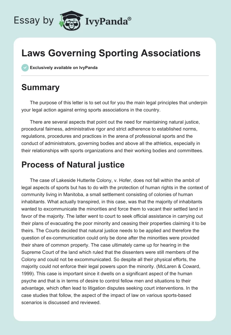Laws Governing Sporting Associations. Page 1