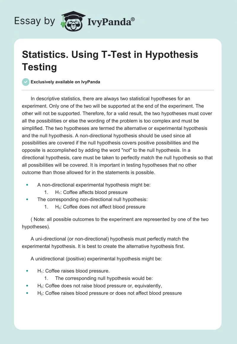 Statistics. Using T-Test in Hypothesis Testing. Page 1