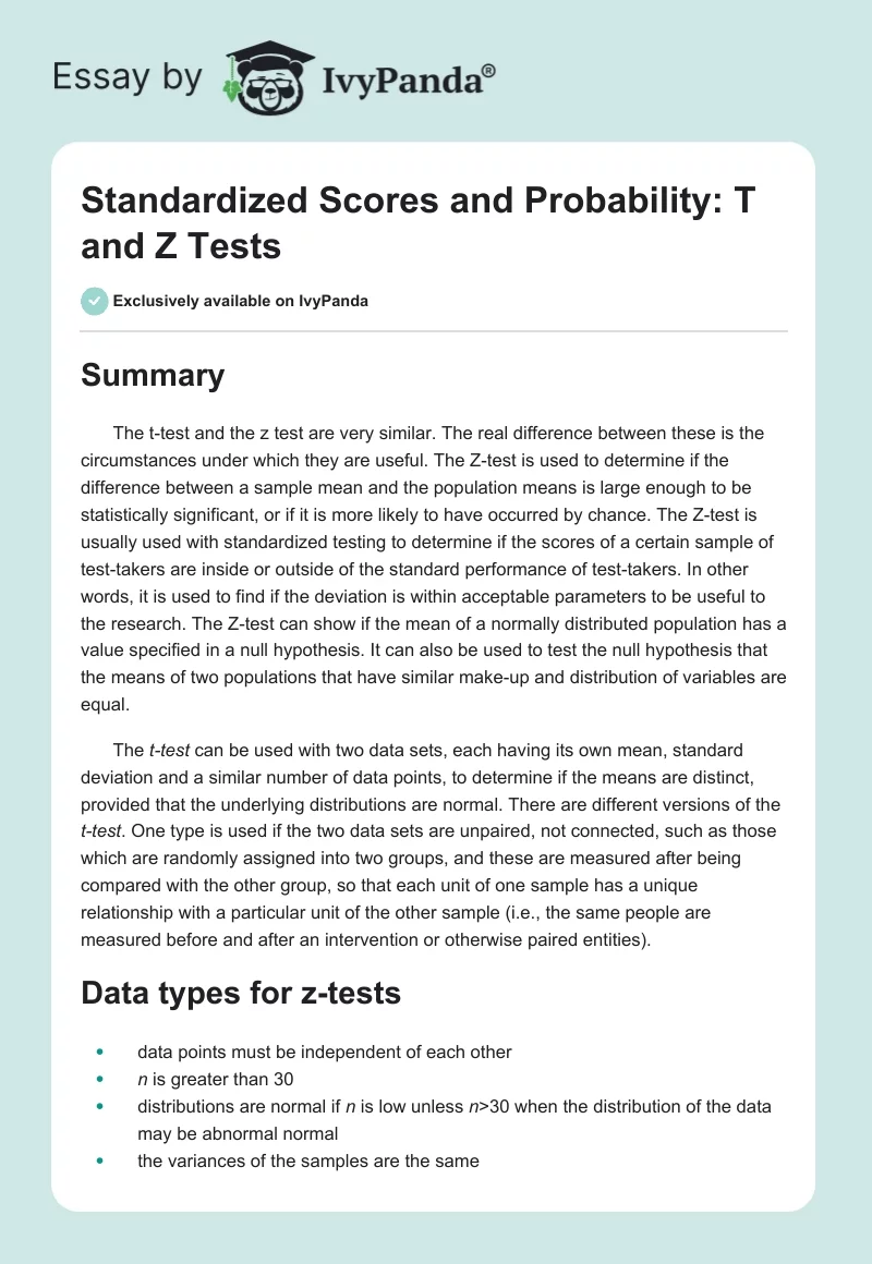 Standardized Scores and Probability: T and Z Tests. Page 1
