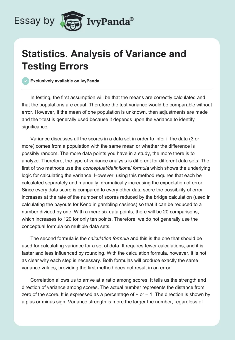Statistics. Analysis of Variance and Testing Errors. Page 1