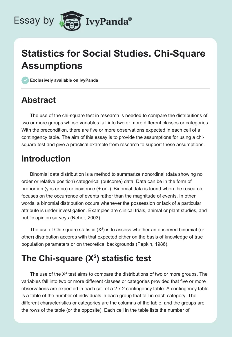Statistics for Social Studies. Chi-Square Assumptions. Page 1
