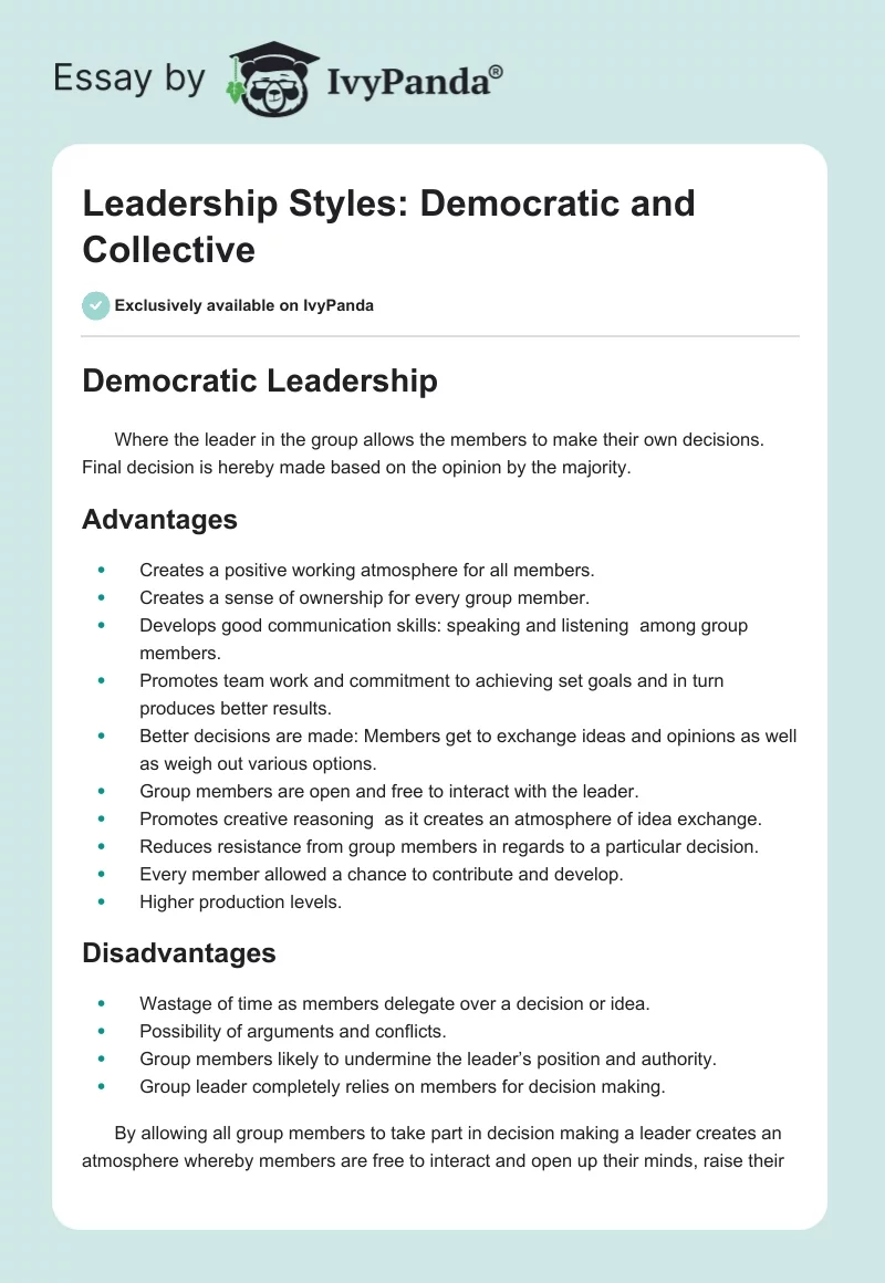 Leadership Styles: Democratic and Collective. Page 1