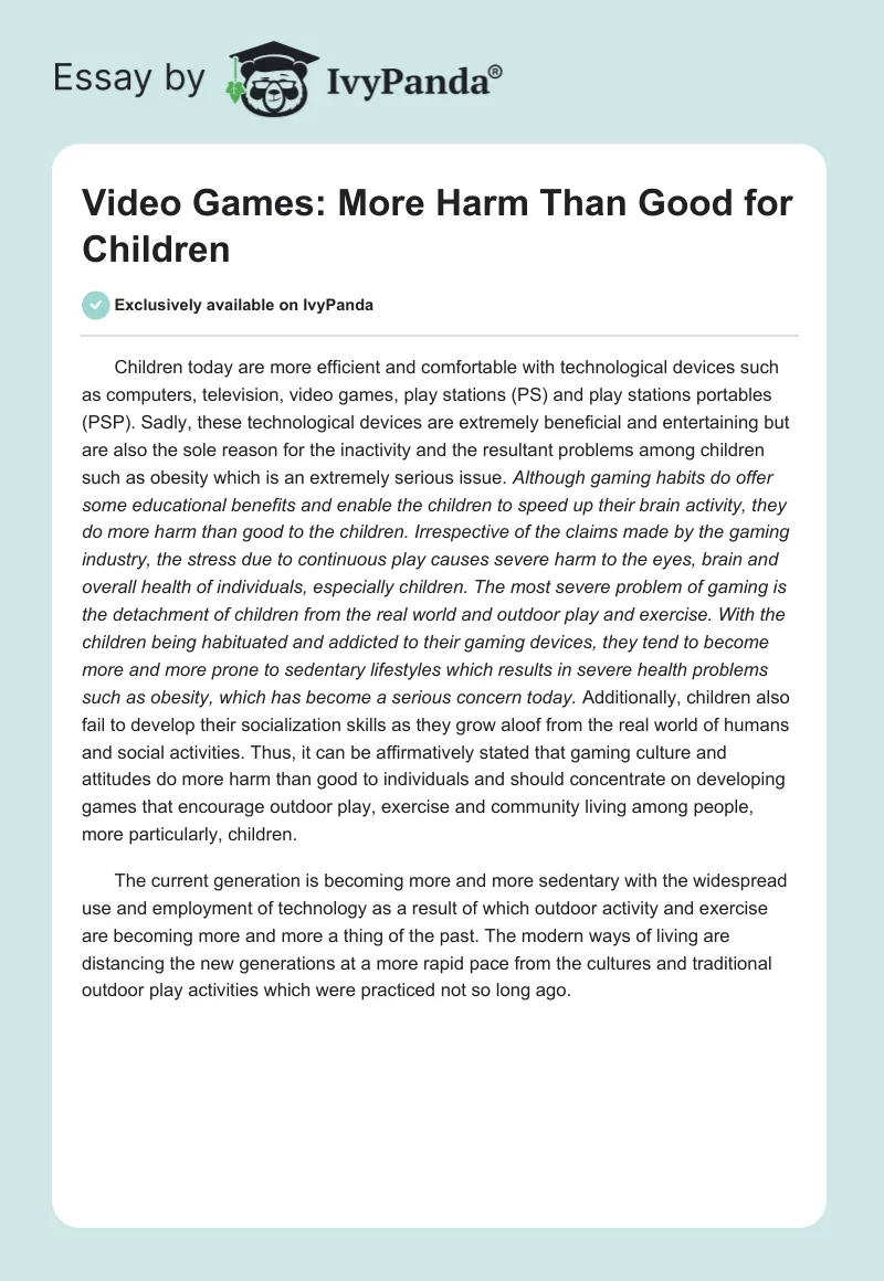 Video Games: More Harm Than Good for Children. Page 1