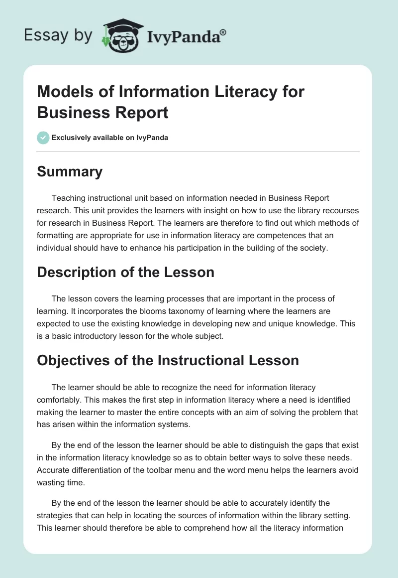 Models of Information Literacy for Business Report. Page 1