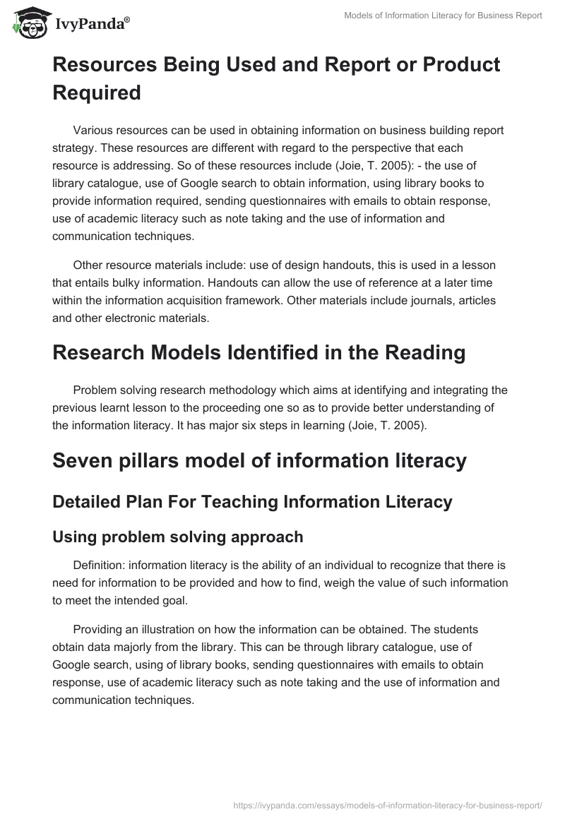 Models of Information Literacy for Business Report. Page 3