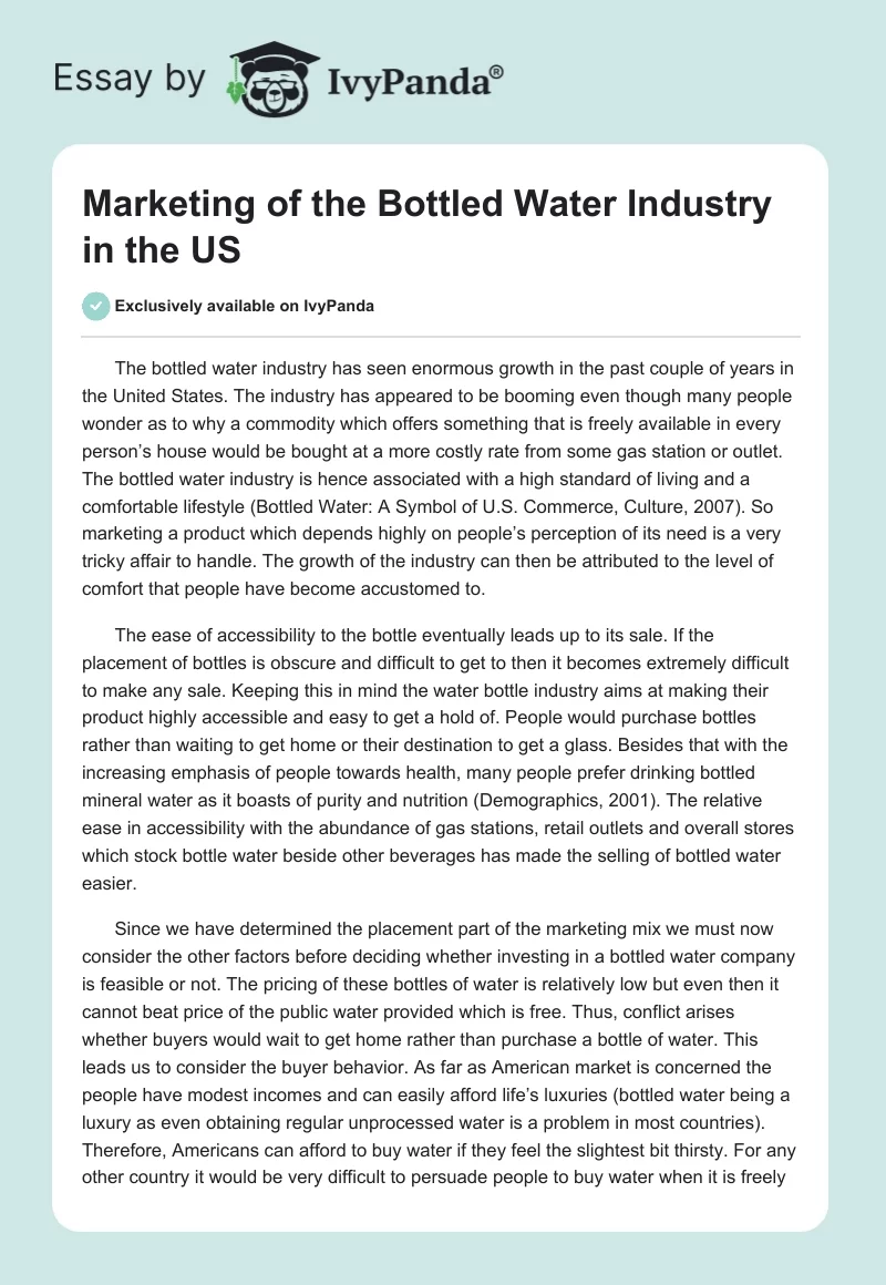 Marketing of the Bottled Water Industry in the US. Page 1