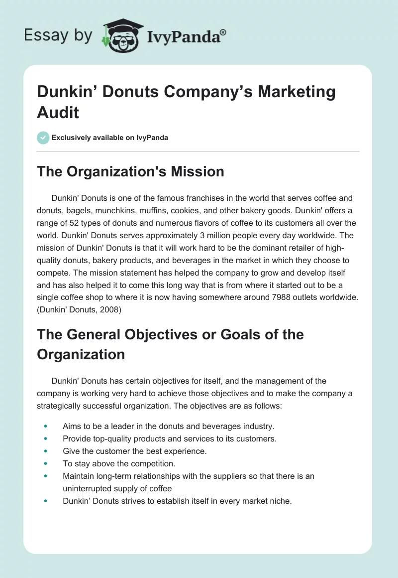 Dunkin’ Donuts Company’s Marketing Audit. Page 1