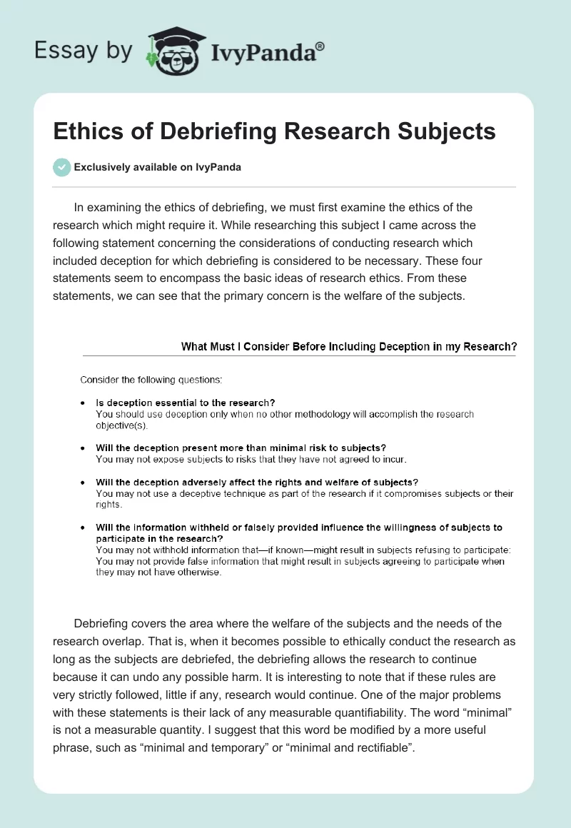 Ethics of Debriefing Research Subjects. Page 1