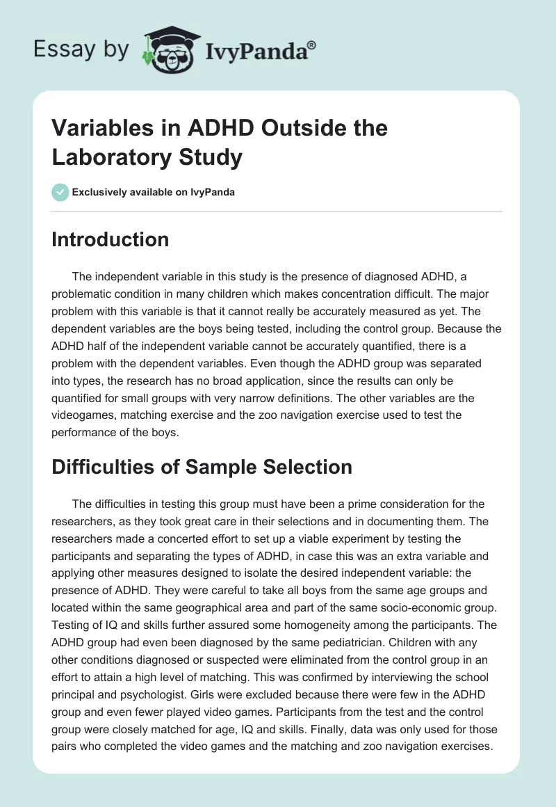 Variables in "ADHD Outside the Laboratory" Study. Page 1