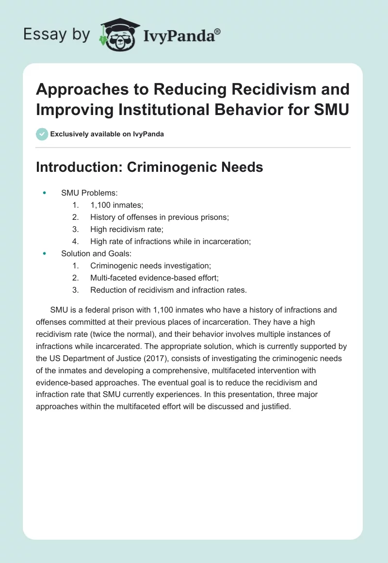 Approaches to Reducing Recidivism and Improving Institutional Behavior for SMU. Page 1