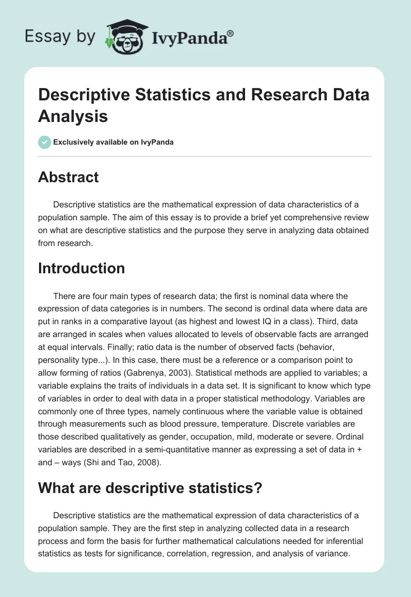 Descriptive Statistics and Research Data Analysis. Page 1