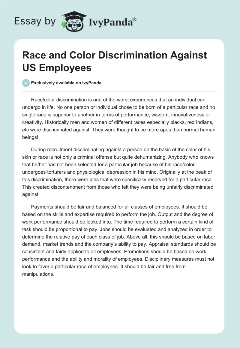 Race and Color Discrimination Against US Employees. Page 1