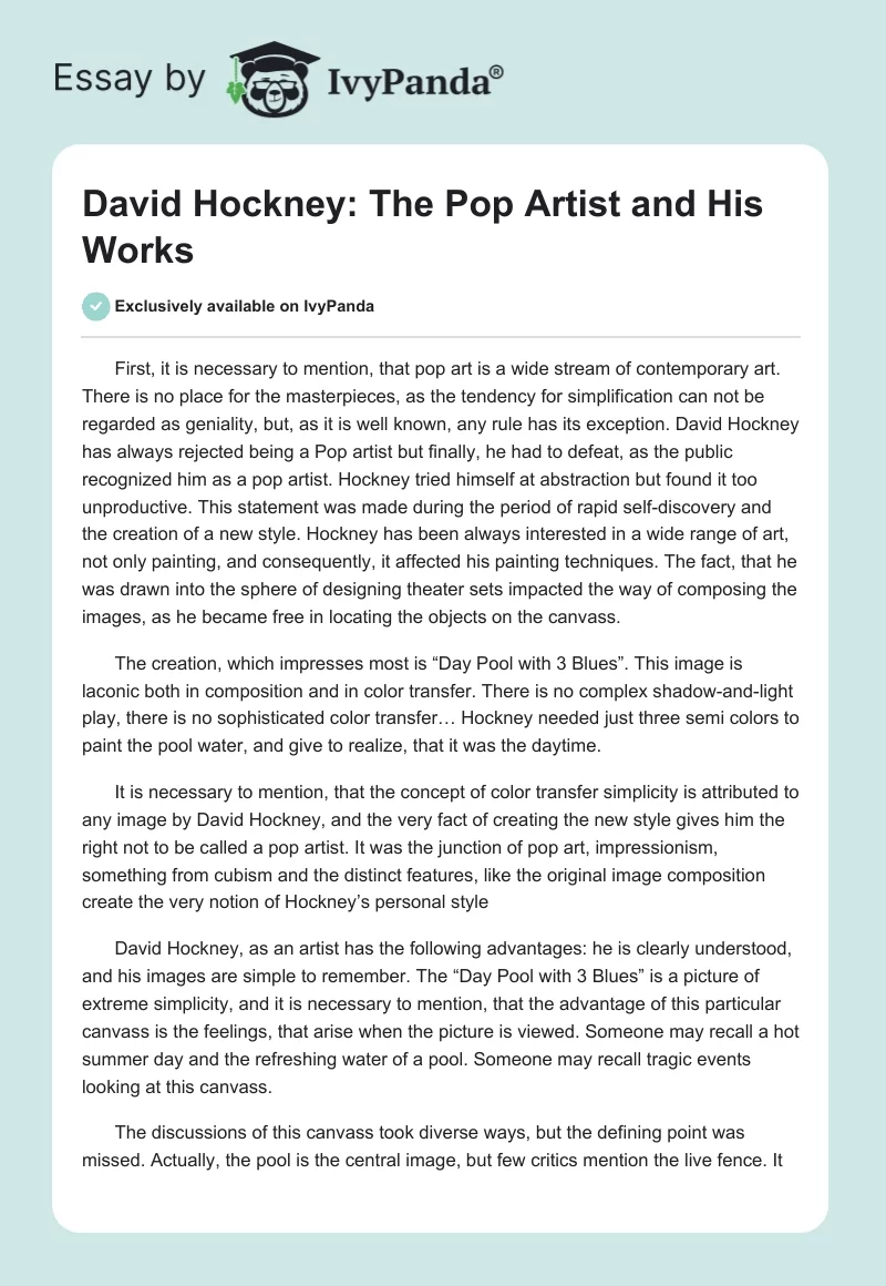 David Hockney: The Pop Artist and His Works. Page 1