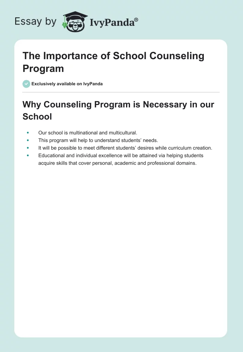 The Importance of School Counseling Program. Page 1