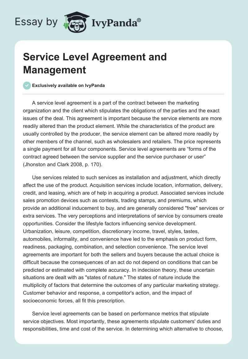 Service Level Agreement and Management. Page 1