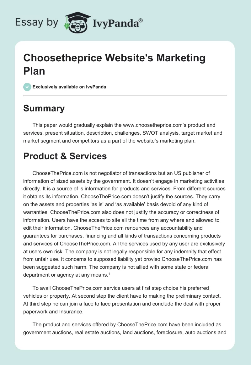 Choosetheprice Website's Marketing Plan. Page 1