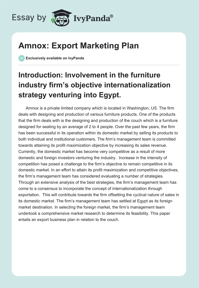 Amnox: Export Marketing Plan. Page 1