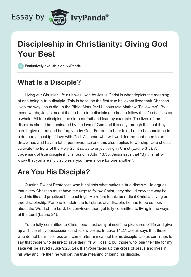 Discipleship in Christianity: Giving God Your Best. Page 1