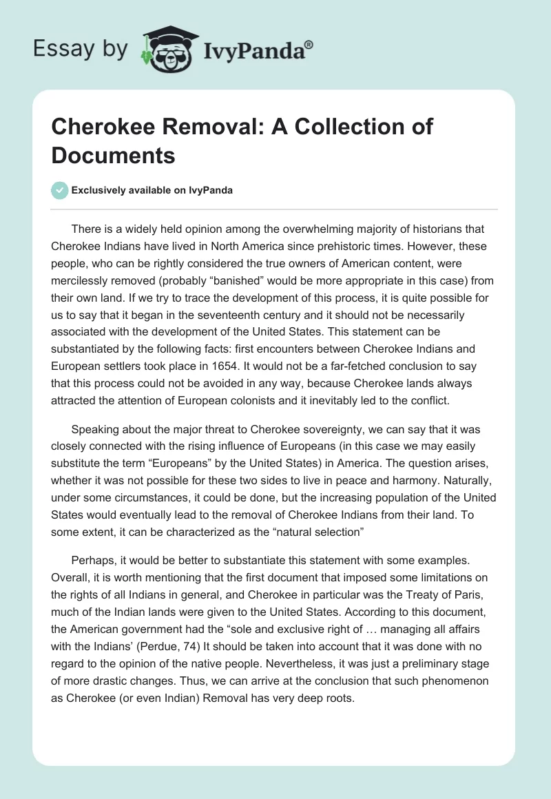 Cherokee Removal: A Collection of Documents. Page 1