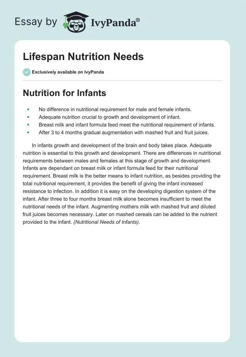 Lifespan Nutrition Needs. Page 1