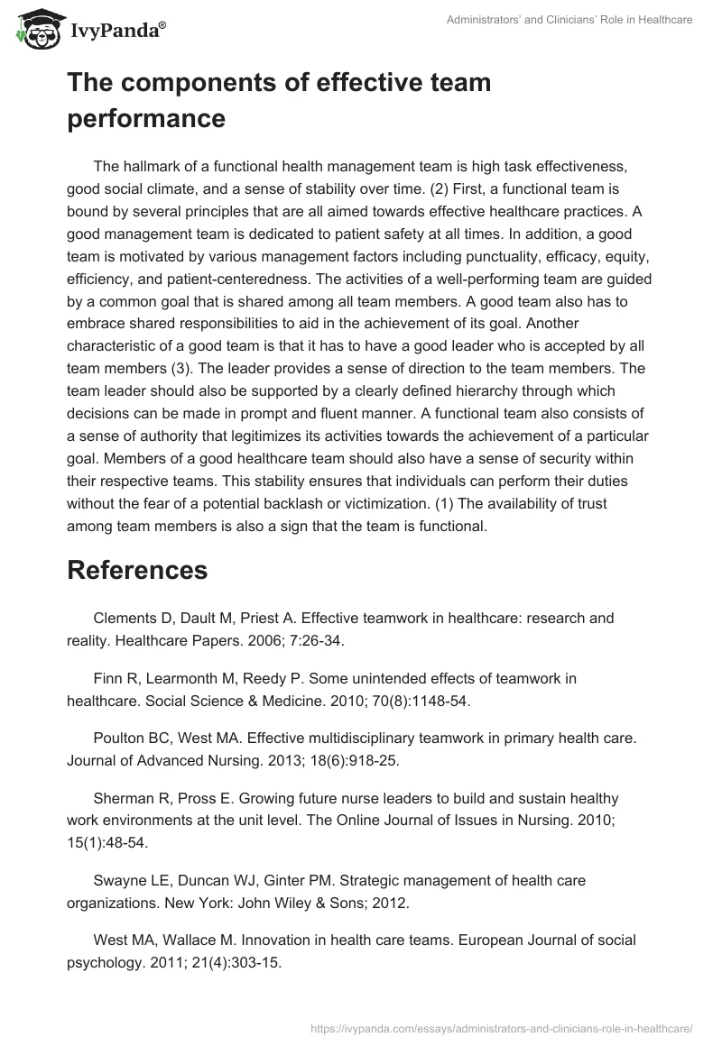 Administrators’ and Clinicians’ Role in Healthcare. Page 2