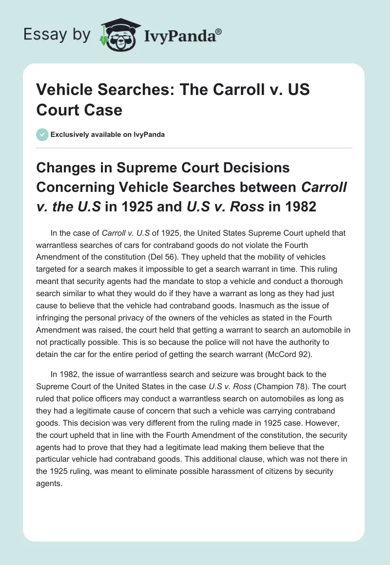 Vehicle Searches: The Carroll vs. US Court Case. Page 1
