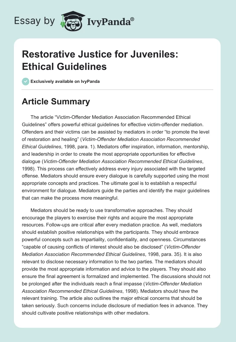 Restorative Justice for Juveniles: Ethical Guidelines. Page 1