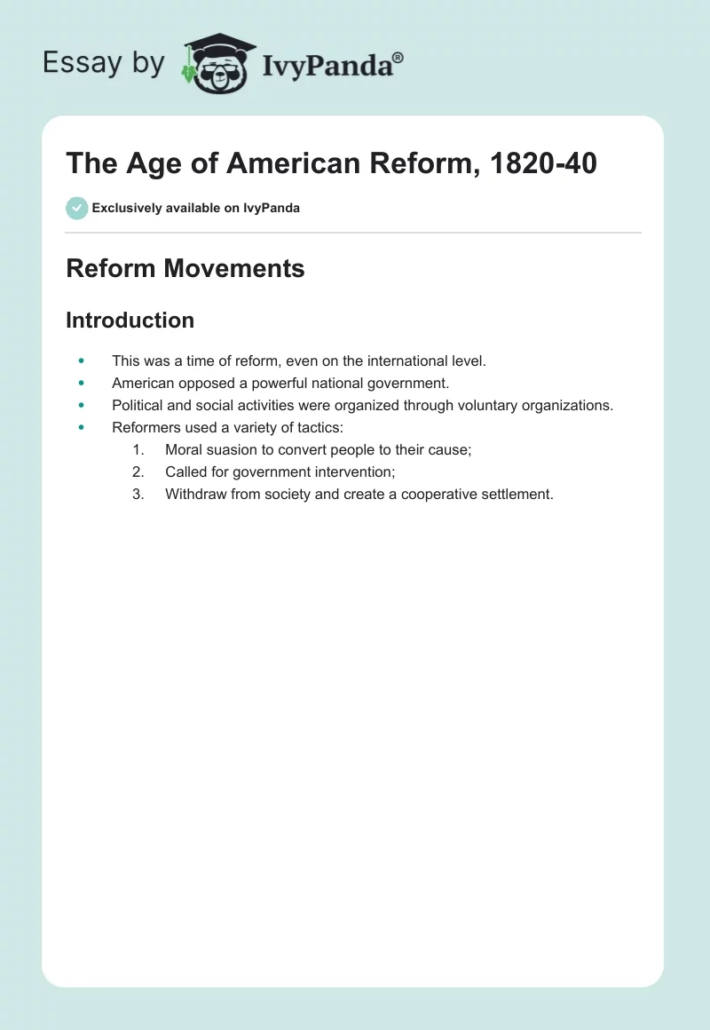 The Age of American Reform, 1820-40. Page 1