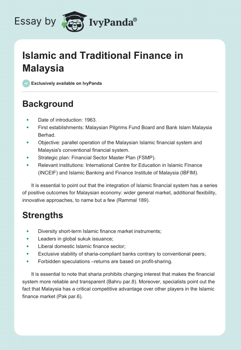 Islamic and Traditional Finance in Malaysia. Page 1