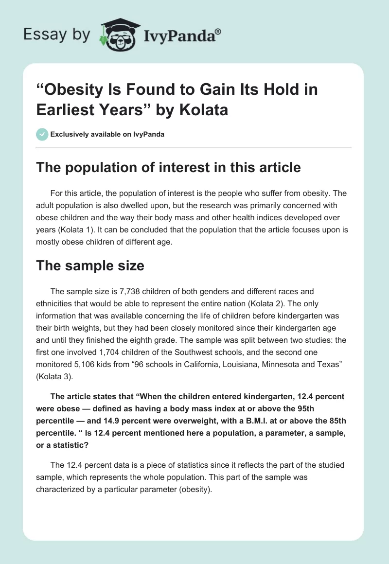 “Obesity Is Found to Gain Its Hold in Earliest Years” by Kolata. Page 1