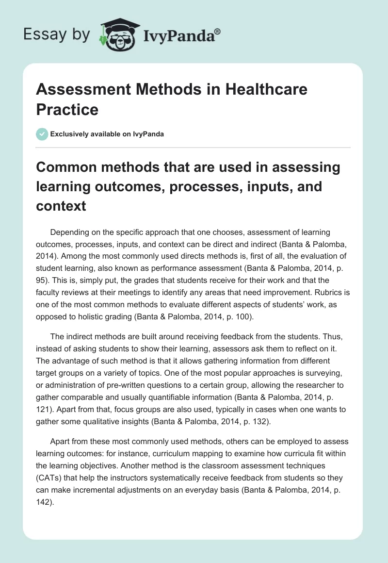 Assessment Methods in Healthcare Practice. Page 1