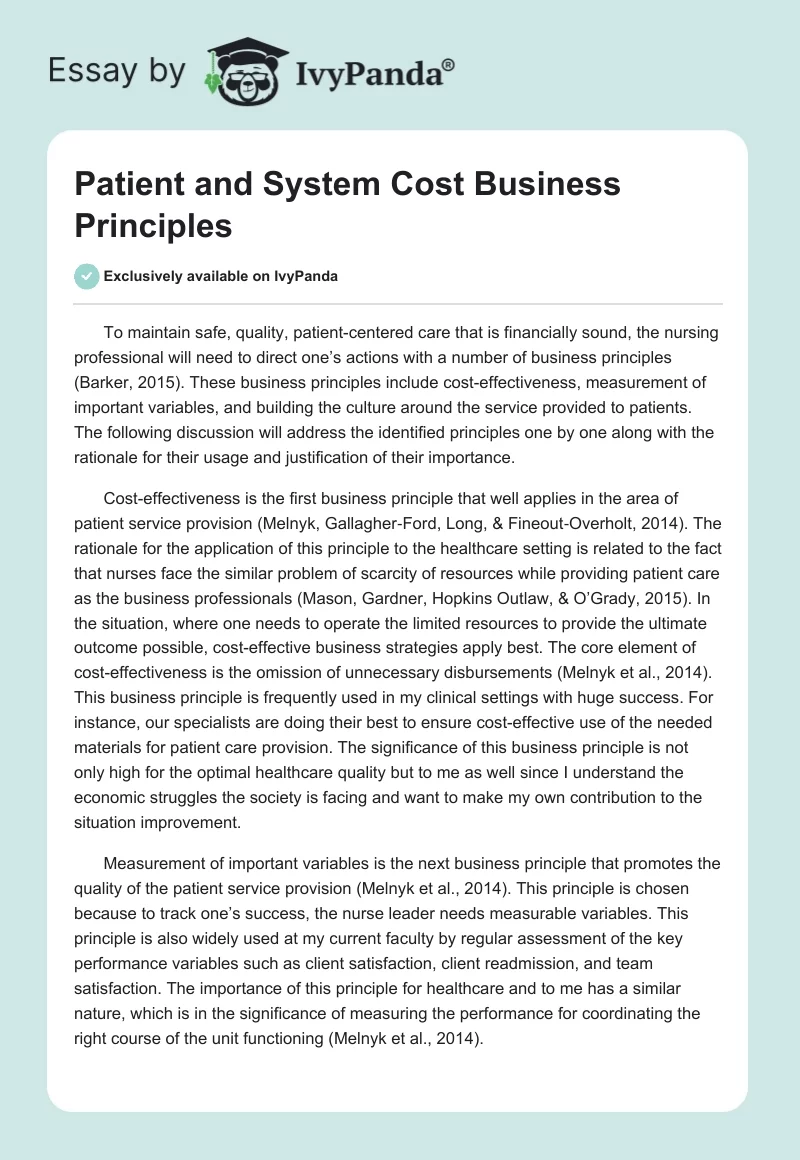 Patient and System Cost Business Principles. Page 1