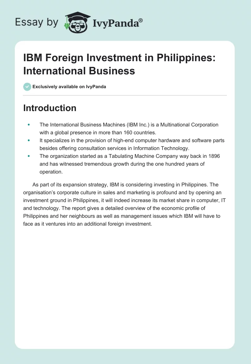 IBM Foreign Investment in Philippines: International Business. Page 1