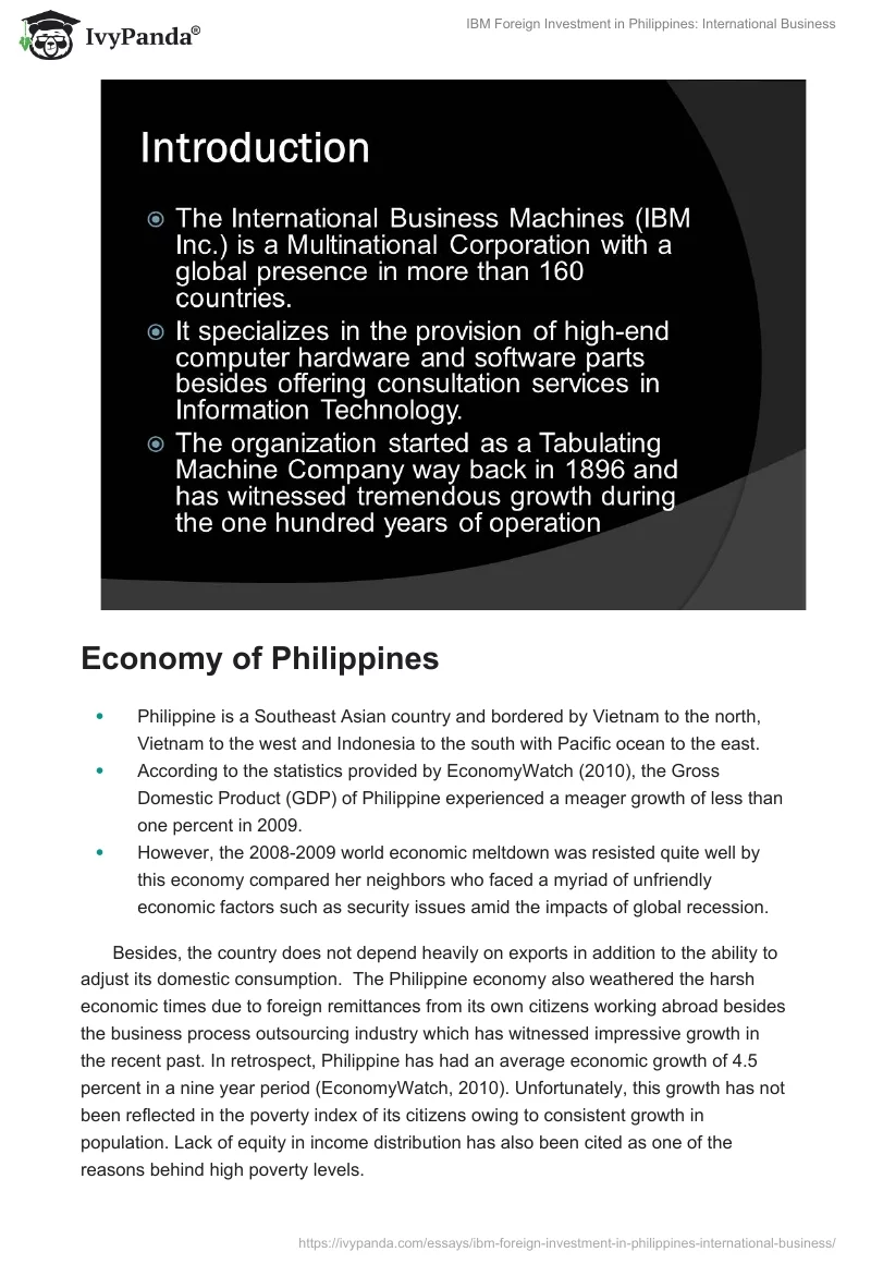 IBM Foreign Investment in Philippines: International Business. Page 2