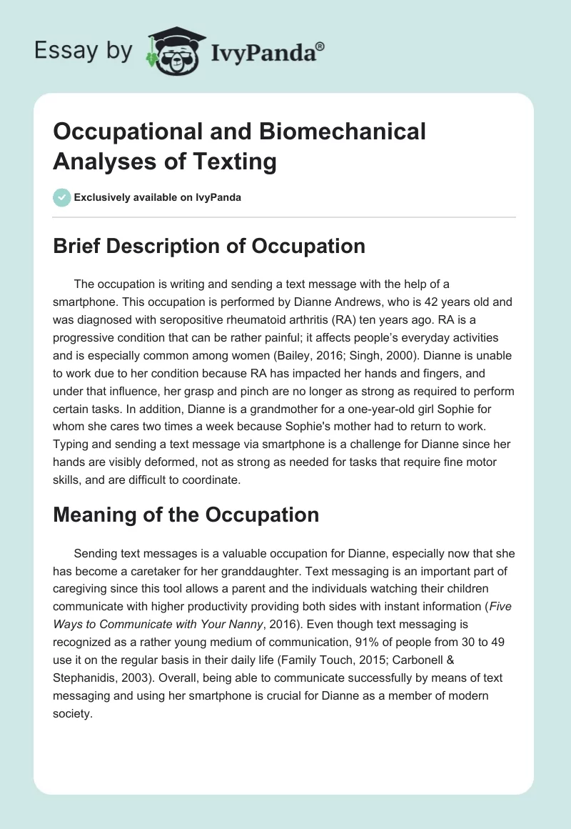 Occupational and Biomechanical Analyses of Texting. Page 1