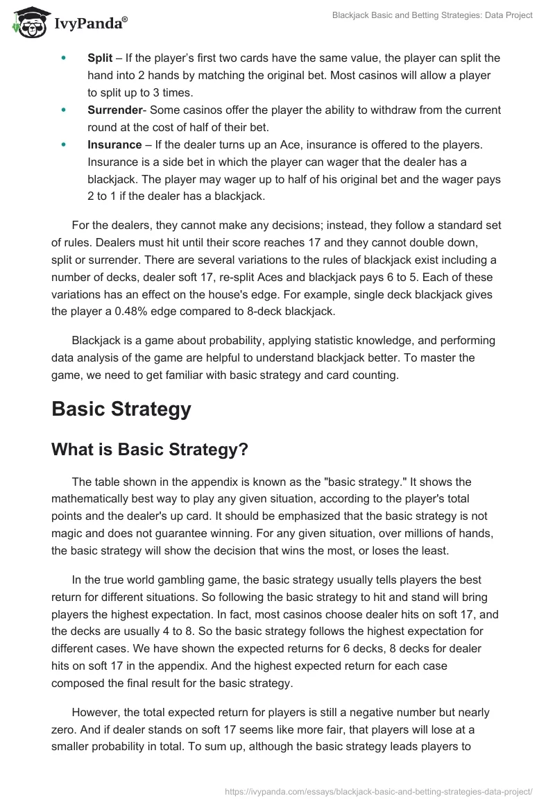 Blackjack Basic and Betting Strategies: Data Project. Page 2