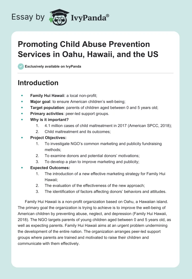 Promoting Child Abuse Prevention Services in Oahu, Hawaii, and the US. Page 1