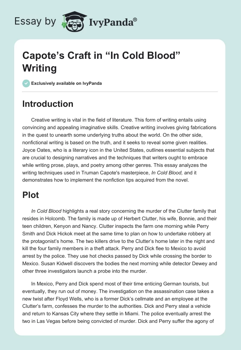 Capote’s Craft in “In Cold Blood” Writing. Page 1