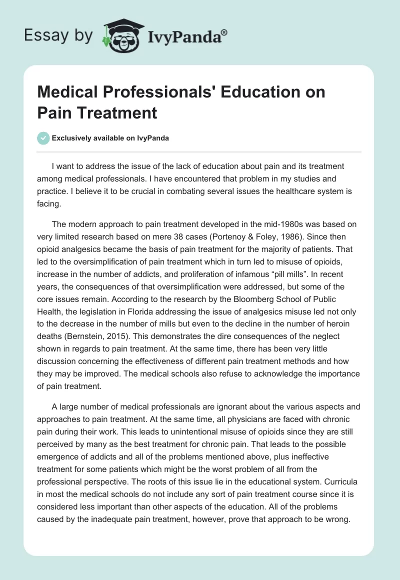 Medical Professionals' Education on Pain Treatment. Page 1