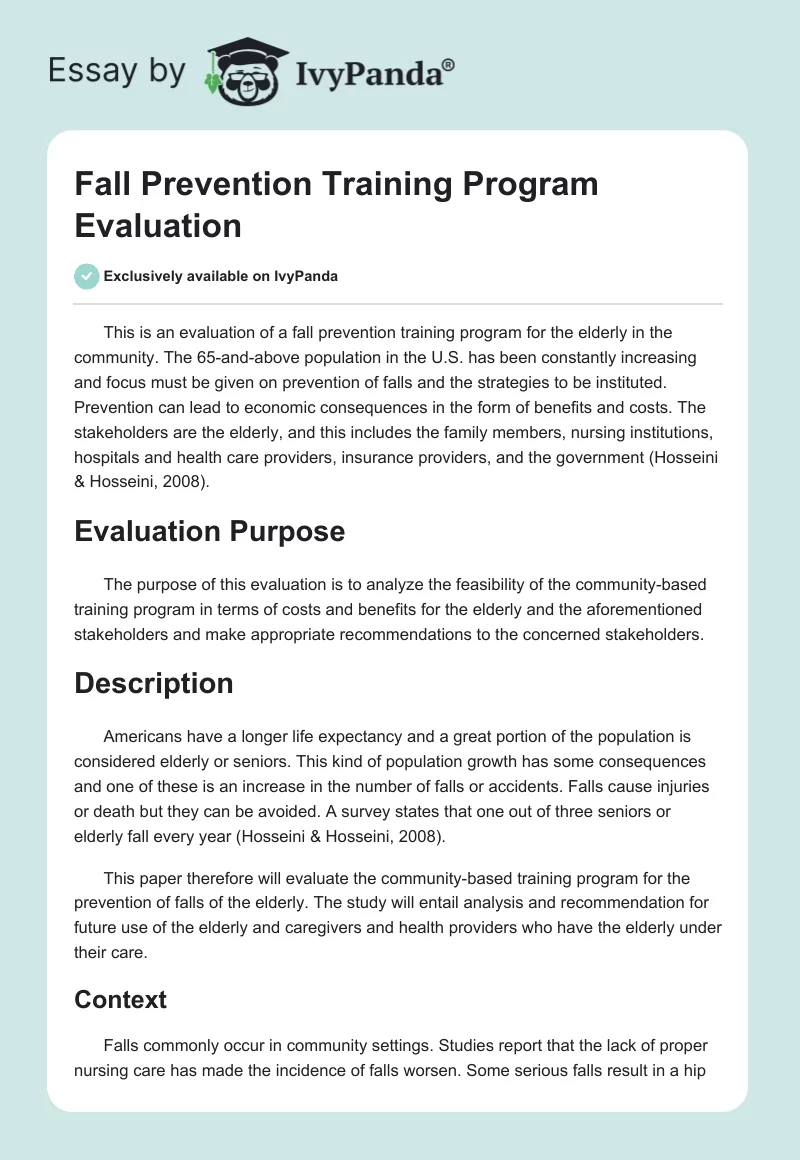 Fall Prevention Training Program Evaluation. Page 1