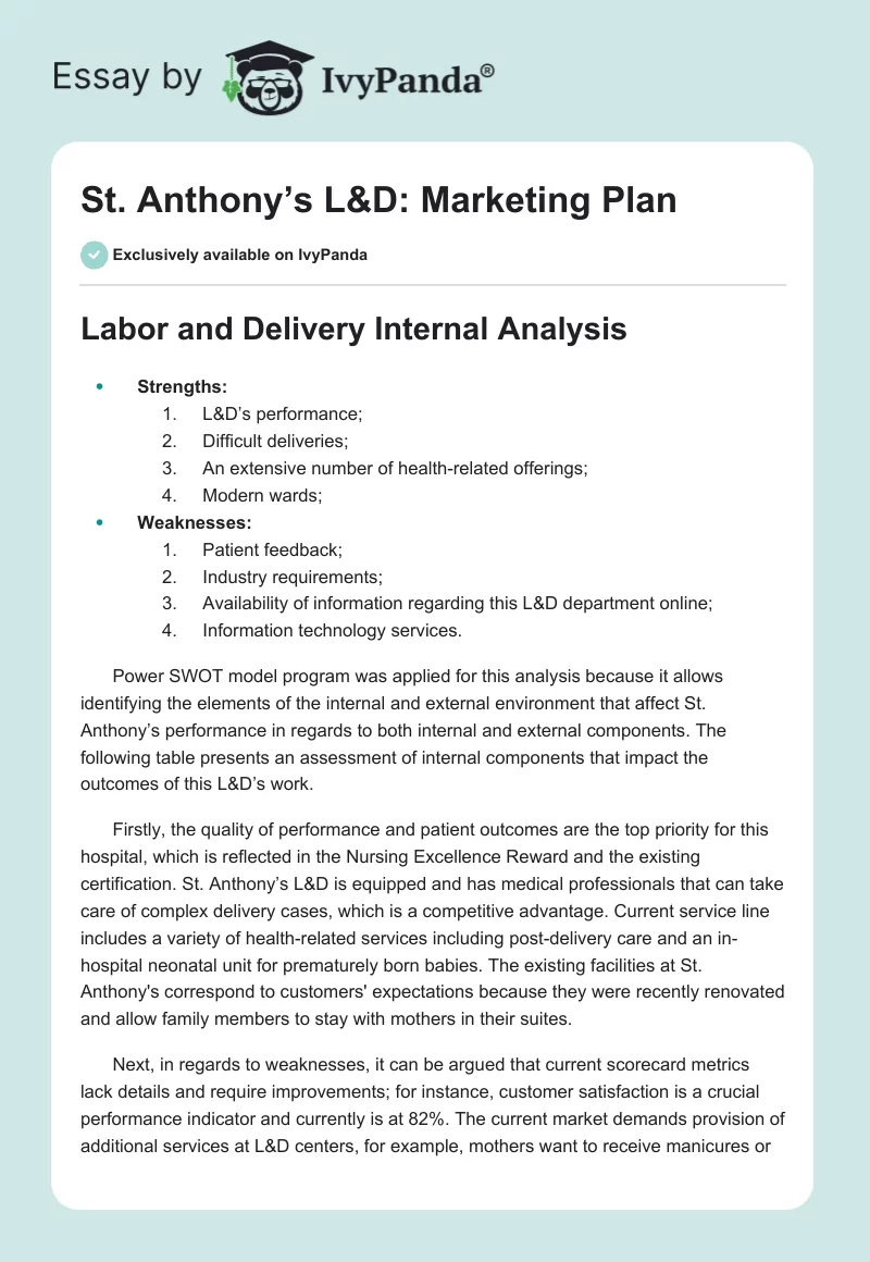 St. Anthony’s L&D: Marketing Plan. Page 1