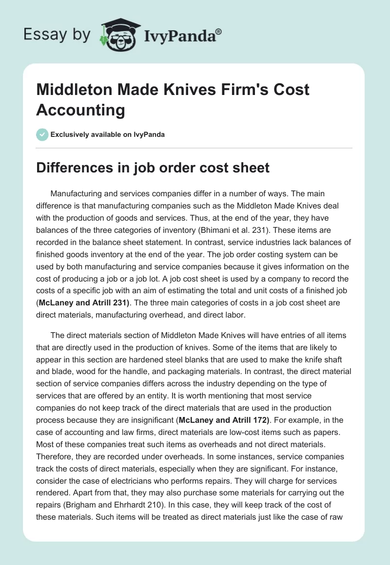 Middleton Made Knives Firm's Cost Accounting. Page 1